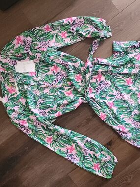 Lilly Pulitzer Ensley UPF 50+ Pink Floral & Green Leaf Print Dress